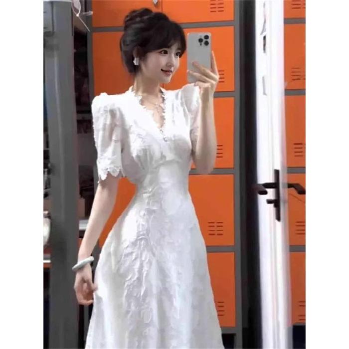 White V-neck Dress, New Summer Women's Fashion, High-end Elegant Long Dress, French Fairy Dress for Tea Break