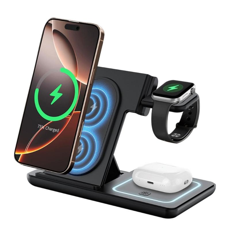 3 In 1 Wireless Charging Desk Stand Space Saving For S24 S23 Watch Earphone Fast Charging Phone Watch Earphone Foldable