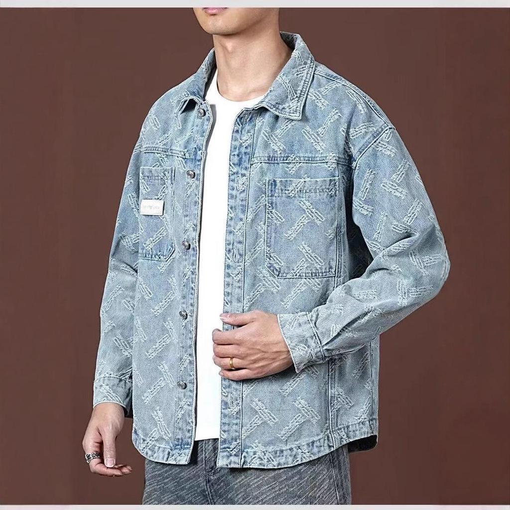 Men's Retro Washed Jacquard Denim Jacket - Spring & Autumn Trend