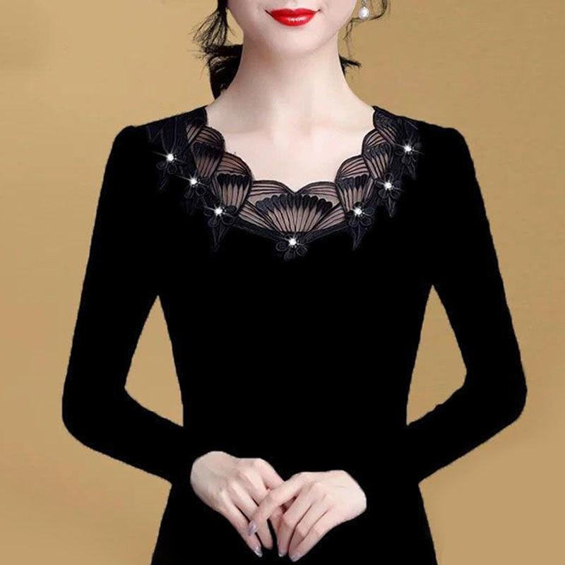 T-shirt da Donna con Fondo in Pizzo Nero a Maniche Lunghe Top Oversize