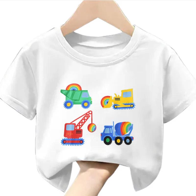 New Boys Tshirt Europeanstyle Childrens Engineering Car Printed Sweatshirt with Short Sleeves Soft Polyester Fabric  Summer