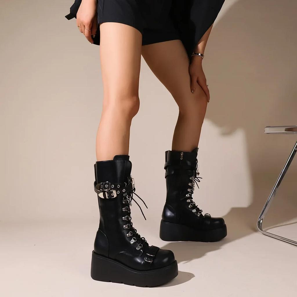 Platform Boots Riveted Buckle Wedges High Women'S Boots Punk Spice Chic Biker Rider Boots