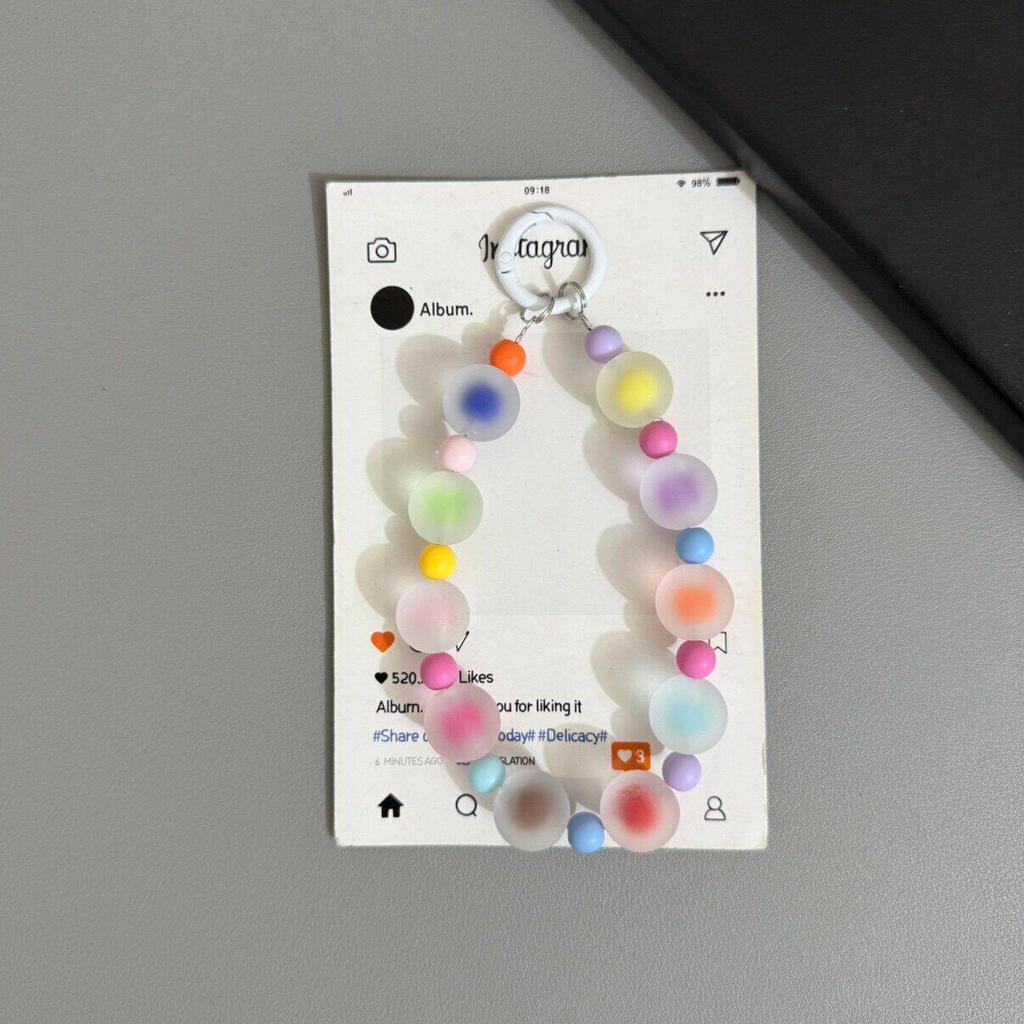 Fashion Comparison Candy Color Rainbow Matte Round Bead Girl Phone Rope with Card Earphone Set Keychain Bag Pendant Decorative Accessories