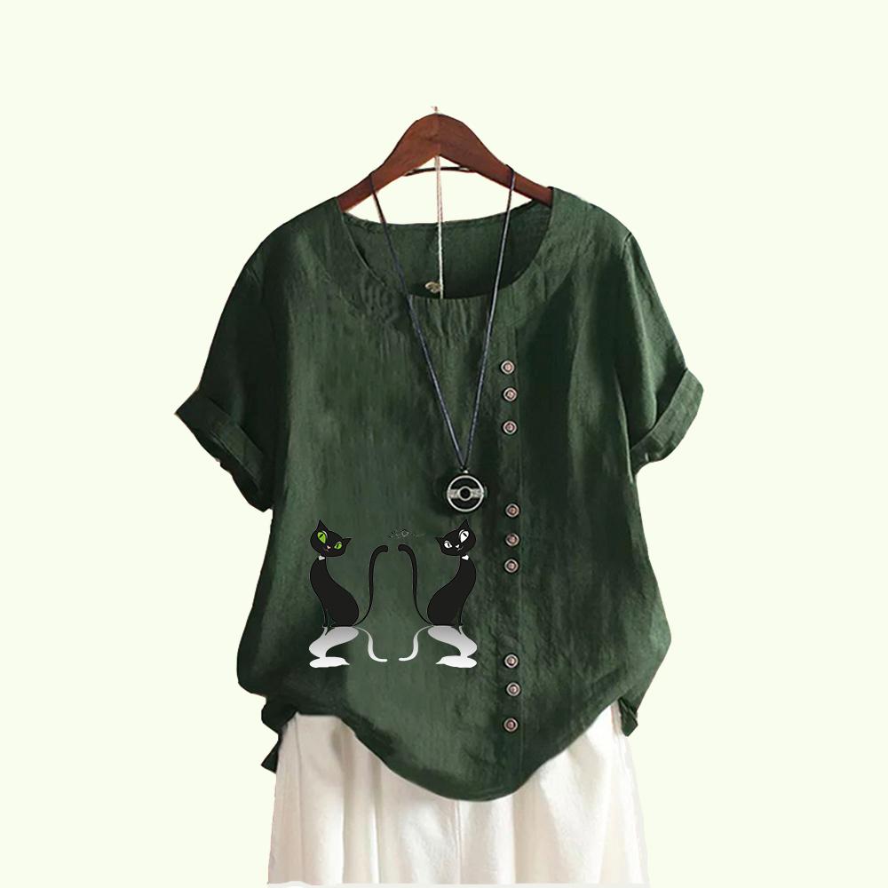 Women Fashion Cat Print Short Sleeve Blouses Summer Casual Round Collar Pullover Loose Cotton Linen T-shirt