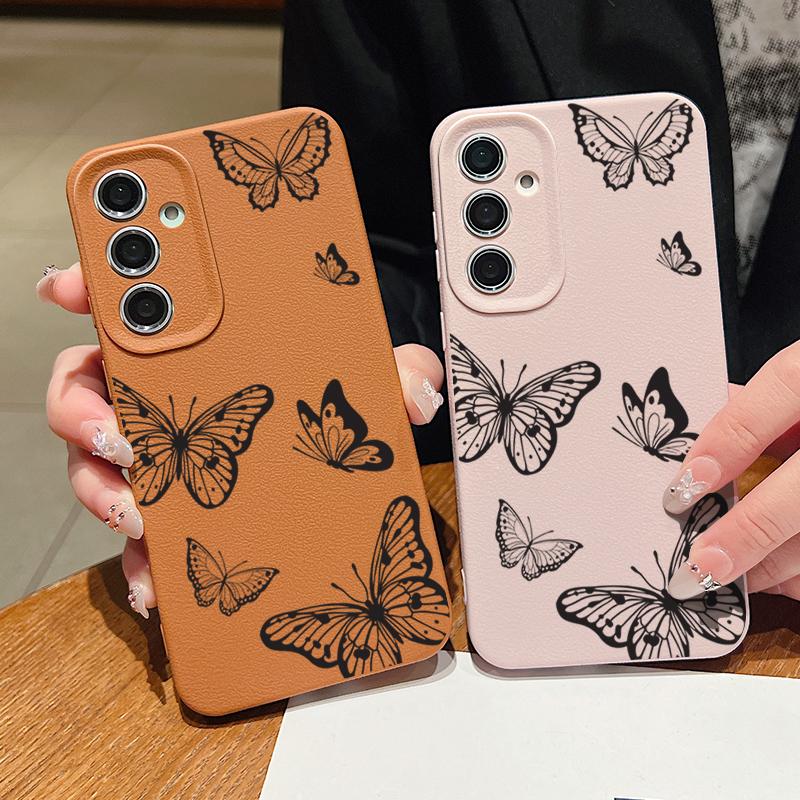 Leather Texture Butterfly Printed Case For Samsung Galaxy S24 FE S25 S23 S22 Ultra A16 A55 A15 A54 A35 A25 A56 5G Soft TPU Cover
