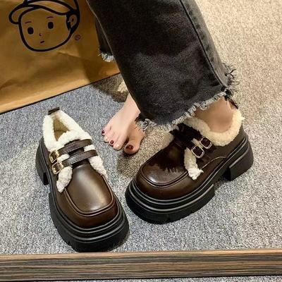 British Style Small Leather Shoes Women's Winter Velvet Platform Explosion Mao Mao Doudou Shoes 2025 New Warm Cotton Shoes Single Shoes