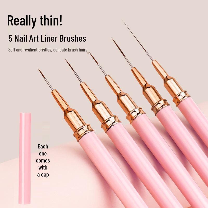 Japanese Ultra-Fine Nail Art Brush Set: 5-Piece Liner Brushes for Color Painting and Flower Designs with Gel Nail Precision.