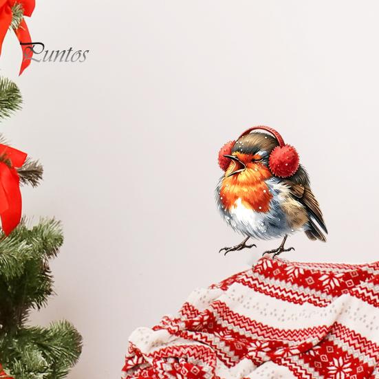 Indoor Outdoor Bird Decals Christmas Wall Sticker, Cute Watercolor with Wreath/Scarf/Hat/Ear Warmer, PVC Waterproof Creative Gifts for Home