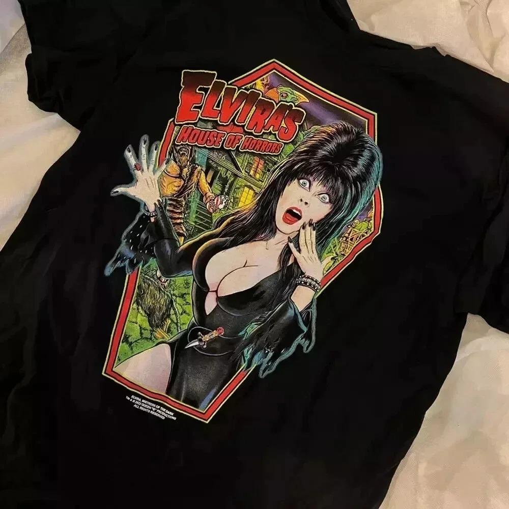 Vintage Gewaschen Elvira Herrin der Finsternis Retro Gothic Bedrucktes Baumwoll-T-Shirt Herren Damen Tee Sommer Lässige Mode Kleidung Oberteile Streetwear