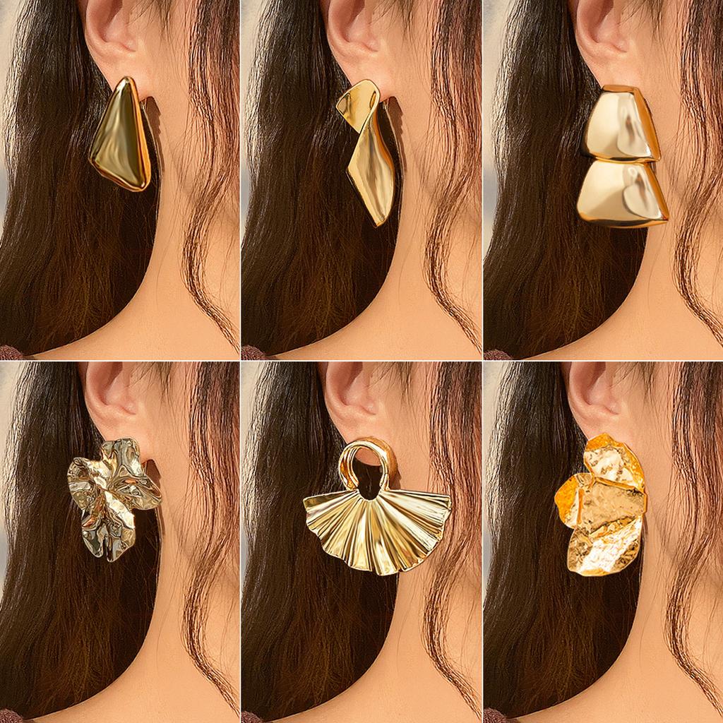 Fashion pleated metal smooth folding stud earrings women's retro versatile geometric earrings earrings