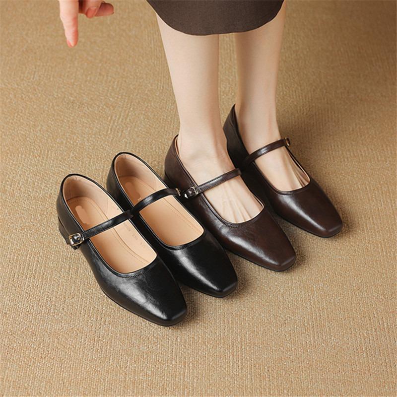 Small Square Head One-word Buckle Shallow Mouth Single Shoes Summer New Simple Retro Soft Sole Comfortable Mary Jane Shoes
