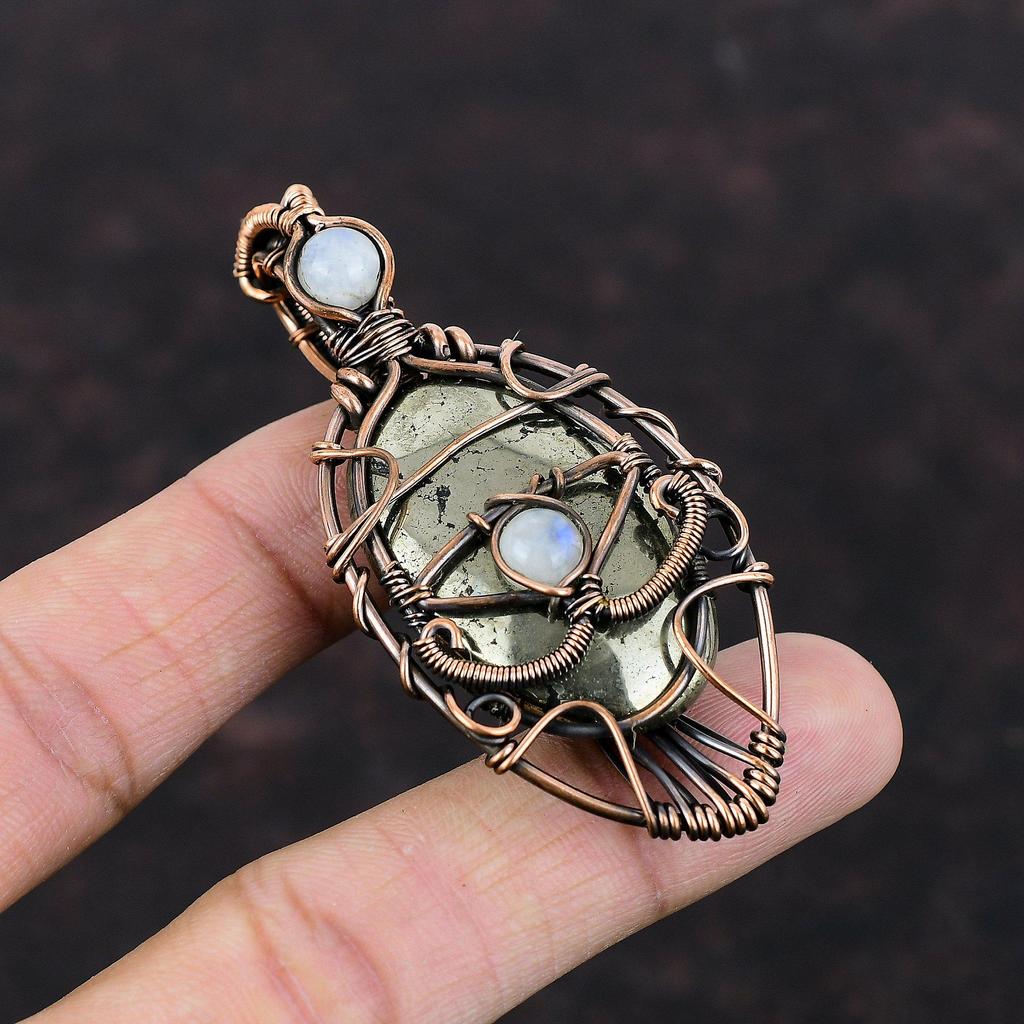 Böses Auge Pyrit Anhänger Kupferdraht gewickelter Anhänger Regenbogen Mondstein Schmuck Handgefertigter Edelsteinanhänger Geschenk für Mama Kupfer Designerschmuck