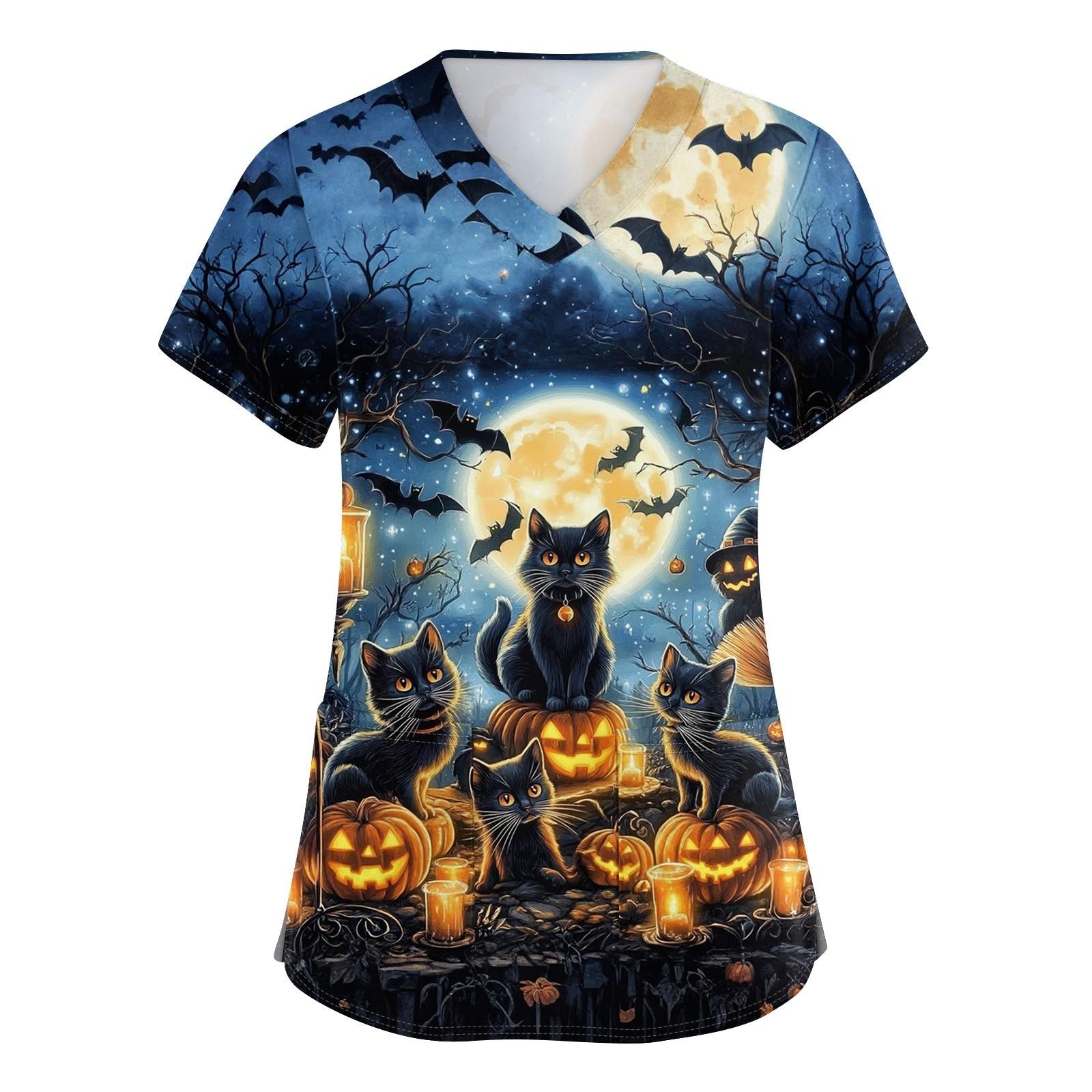 

Женский топ защитного костюма с V-образным вырезом, с короткими рукавами, с принтом на Хэллоуин, с карманом и боковыми разрезами M