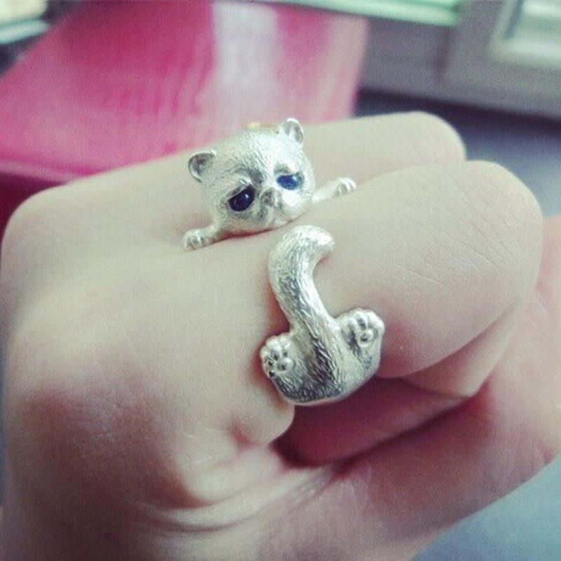 Cute Lovely Animal Cat Open Ring Silver Plated Jewelry Blue Crystal Eyes