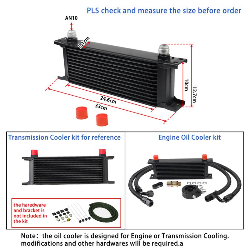Universal 13 Rows Oil Cooler Kit, 10AN Transmission Engine Cooler w/Oil Filter Sandwich Adapter Nylon Braided Hose Line Kit