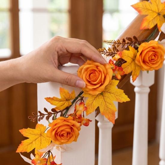 Reusable Holiday Party Supplies 180cm Artificial Vine Hanging Door Wreath with Pumpkins Berries Maple Leaves, Silk Flower Rattan Halloween Garland for