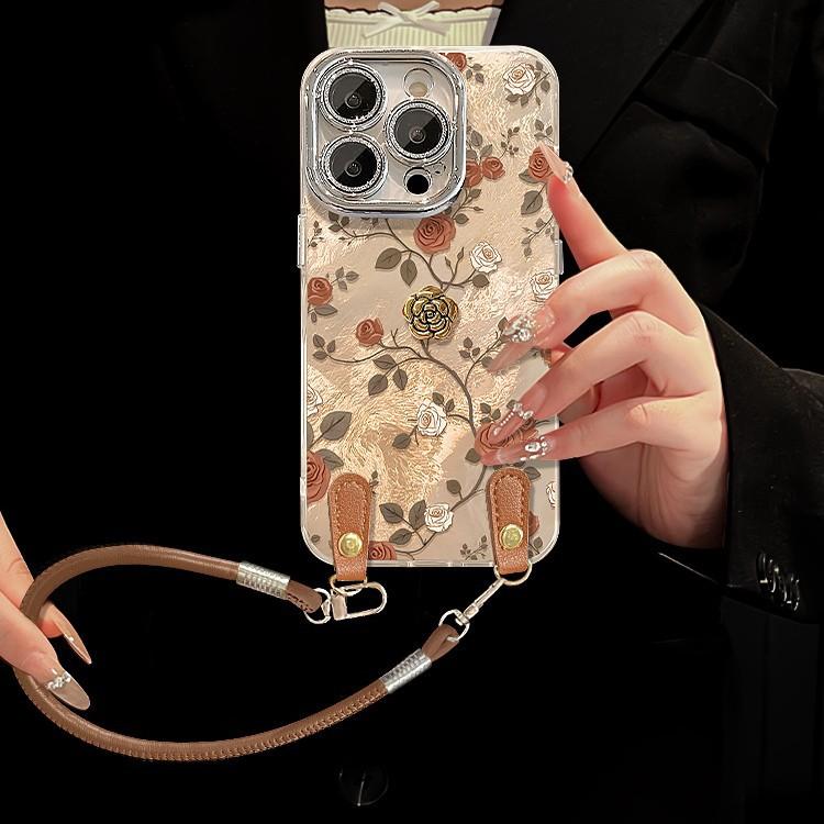 Applicable to Apple 17promax mobile phone case iphone15 rose camellia doll lanyard 16 retro glacier pattern