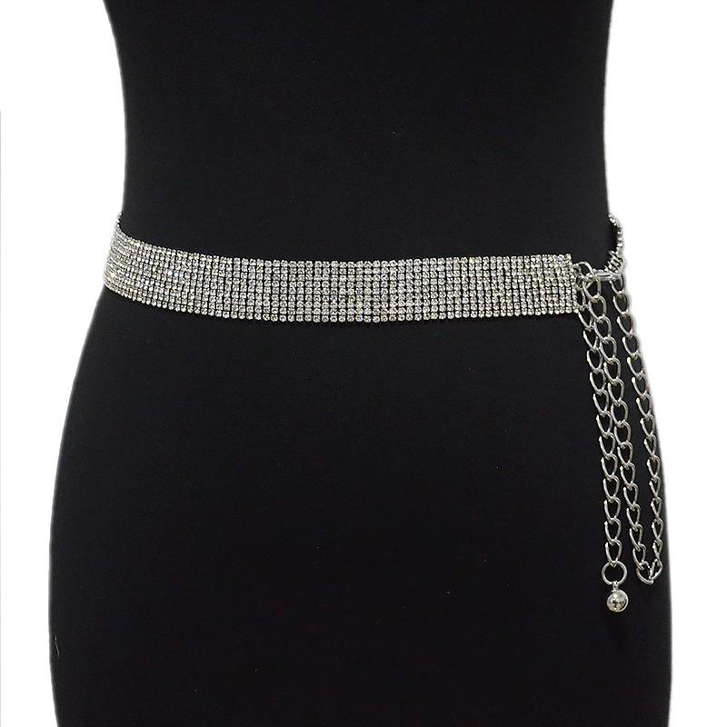 Wide Waist Metal Dress Belt Sexy Luxury Nine-row Rhinestone Diamond Metal Waist Chain