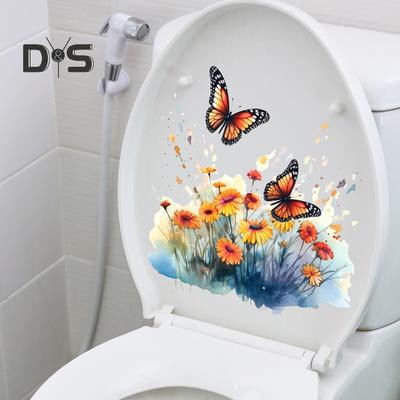 Bunter Schmetterlings-Blumen-Toilettenaufkleber, abnehmbar, selbstklebend, wasserdicht, PVC, Wohnzimmer-Wandkunst, Blumenmuster, Badezimmer, Toilettendeckel-Dekoration, Aufkleber