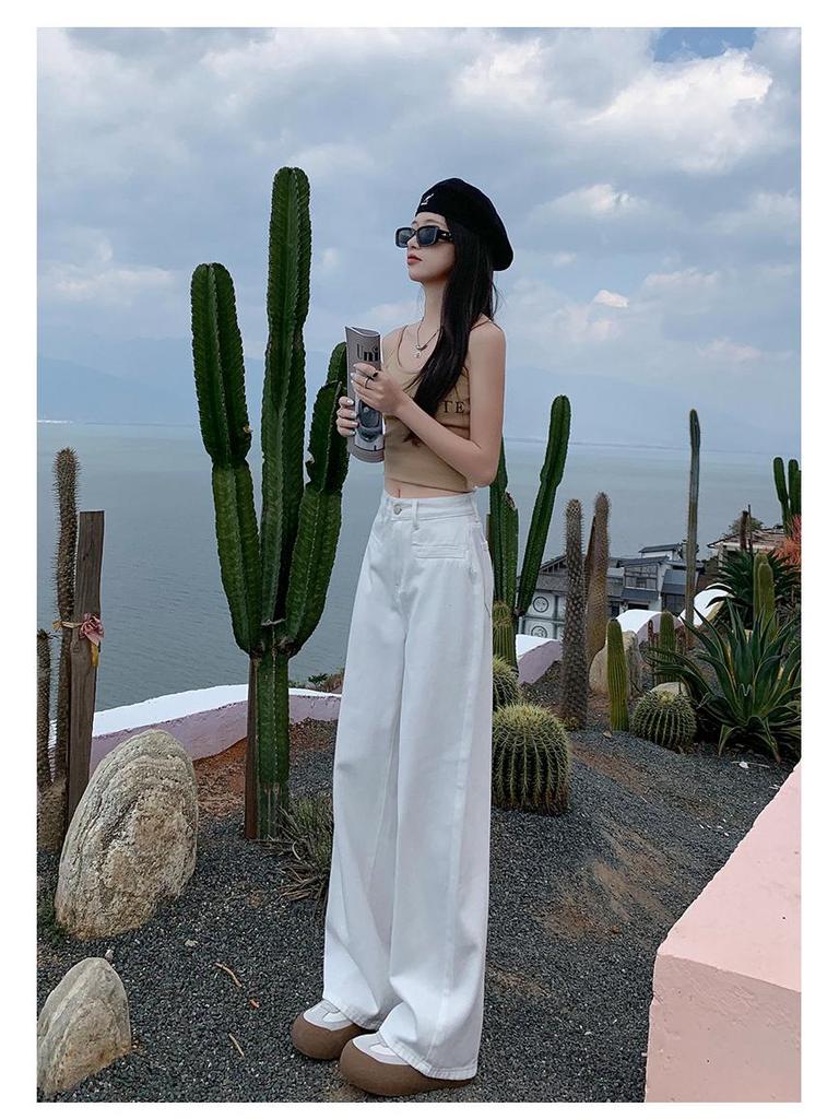 Women's High-Waisted White Wide-Leg Jeans - Spring 2025 Collection, Slimming Petite Fit with Advanced Drape