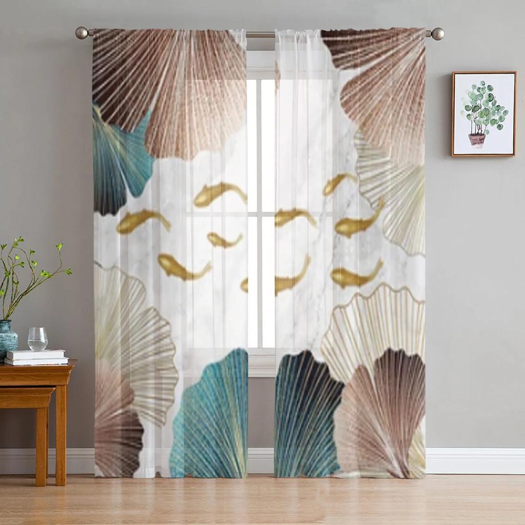 Ginkgo And Goldfish Marble Texture Sheer Curtains For Living Room Window Transparent Voile Tulle Curtain Bedroom Drapes