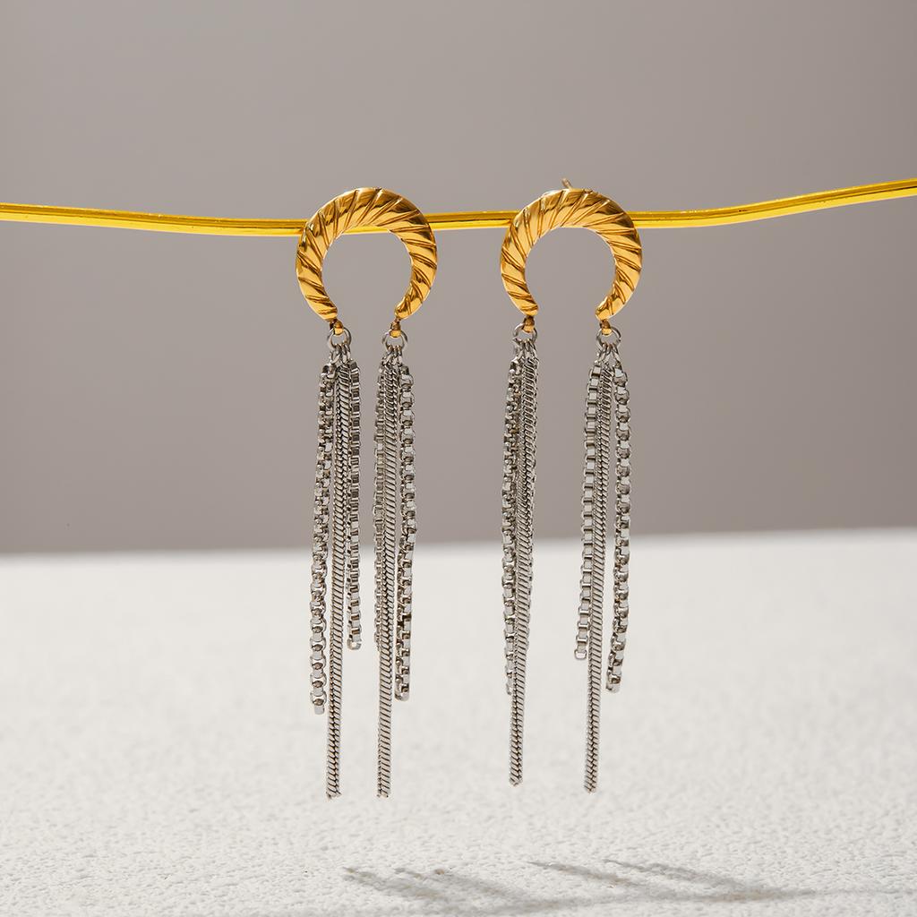 Yori Gold Silver Color Blocked Threaded Moon Tassel Stud Earrings for Women Elegant Chic Attractive Jewelry Prevent Allergy Gift
