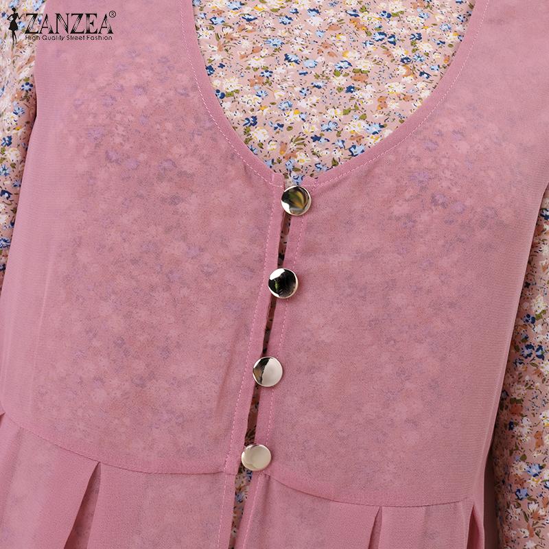 ZANZEA Women Casual Floral Print Long Sleeve Fake Two Piece Long Dress