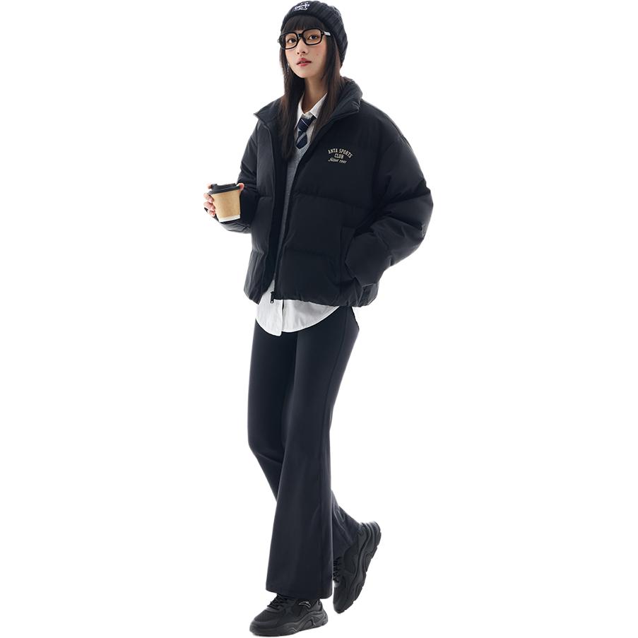 Anta Comfortable Breathable Loose Fit Down Jacket With Letter Zipper Stand Collar Women Outerwear Basic-Black 162448905N-4