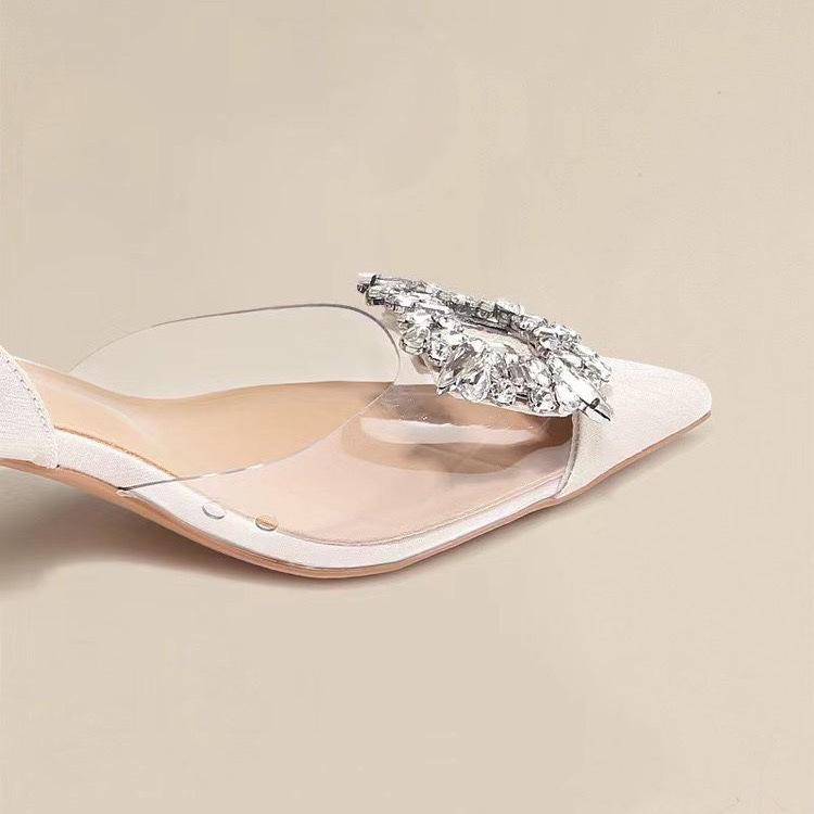 2025 Fashion Rhinestone Buckle Transparent Strap Pointed Toe High Heel Sandals for Women