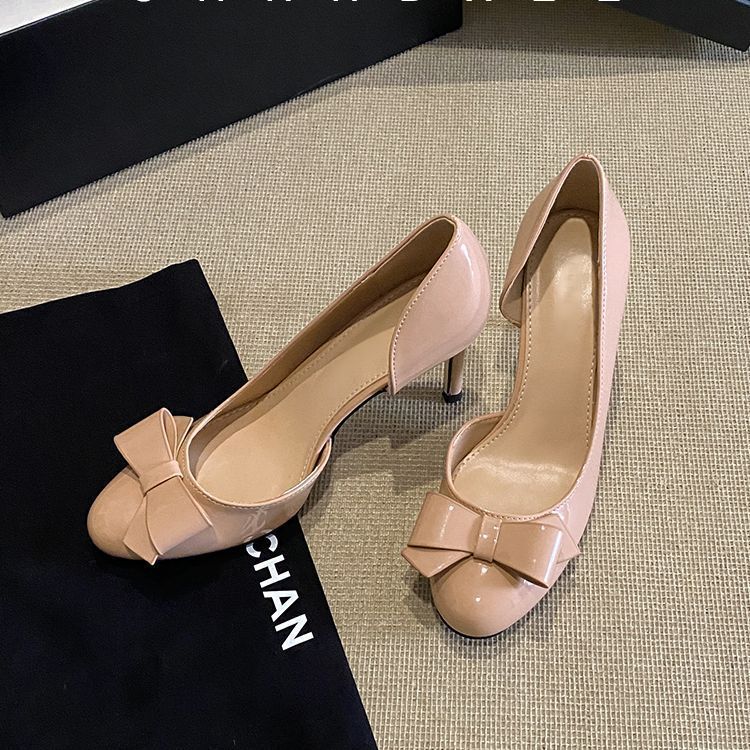 

French fairy style gentle shallow mouth fashion single shoes female 2025 new bow round head thin heel fashion high heels 39 розовый