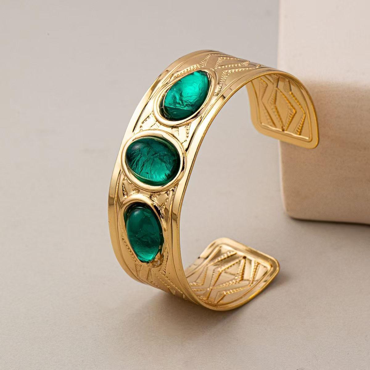 Богемный женский регулируемый открытый браслет с искусственным бирюзовым камнем зелёный