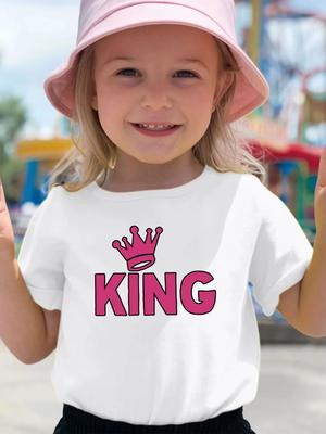 Kids Crew Neck Short Sleeve T Shirt Pink Crown KING Letter Print Boys Girls Summer Casual Fashion Daily Tee Tops