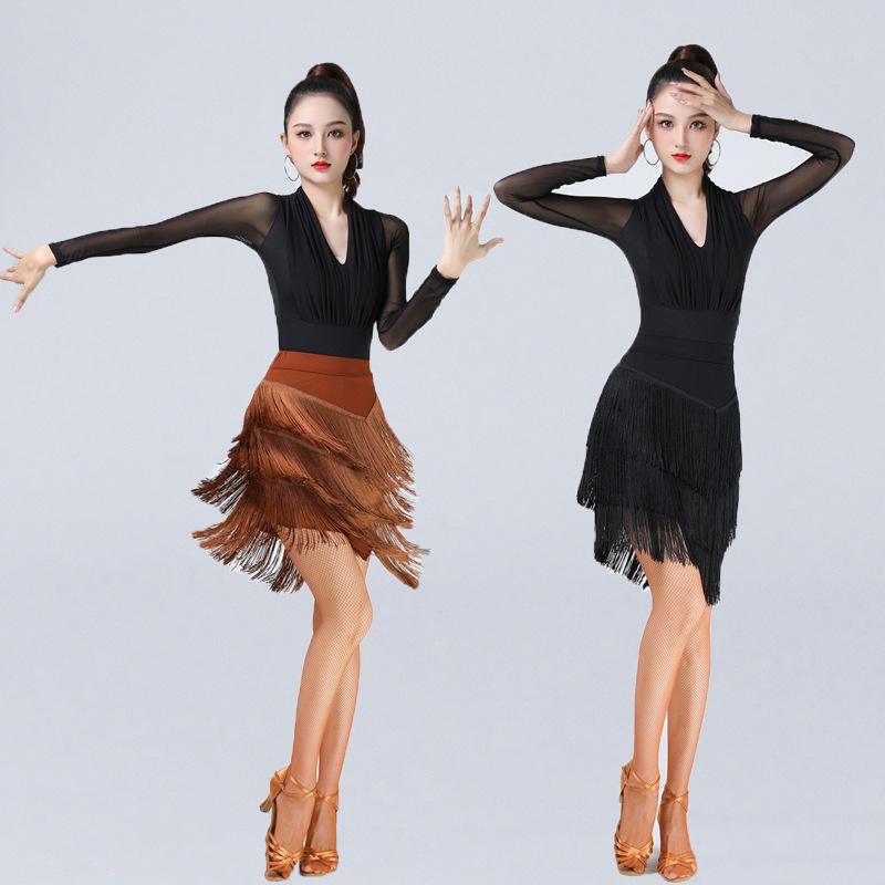 Conjunto de Danza Latina para Mujer, Vestido de Flecos, Vestido de Flecos con Top de Malla Transparente, Disfraz de Escenario para Competición de Baile para Adultos