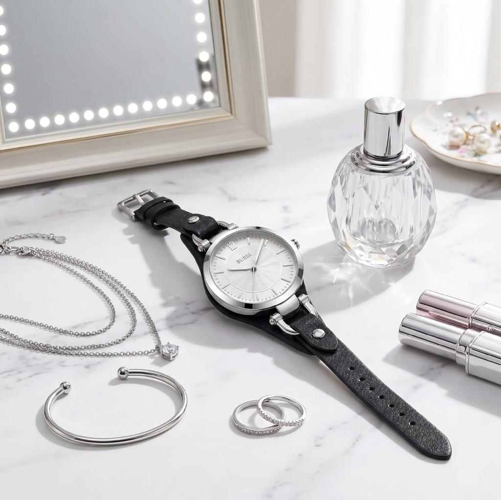 BUREI Japanese Quartz Black Leather Strap Women's Watch, Silver, Movement, Waterproof, Simple, Stylish, Slim,