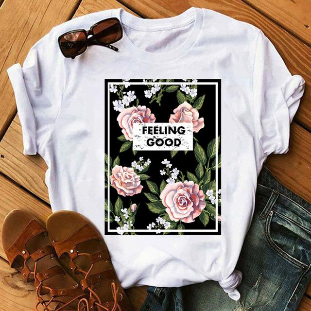 Fashion Women T Shirt Flower Printed T Shirt Casual Black Tops 90s Ladies Girl Tee Shirt Female Harajuku Graphic T -Shirt