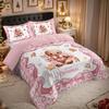 Three-Piece Christmas Themed Quilt Set Twin Size, Oversized Girly Pink Cartoon Sugar Cookie Bedding Christmas Element Printed
