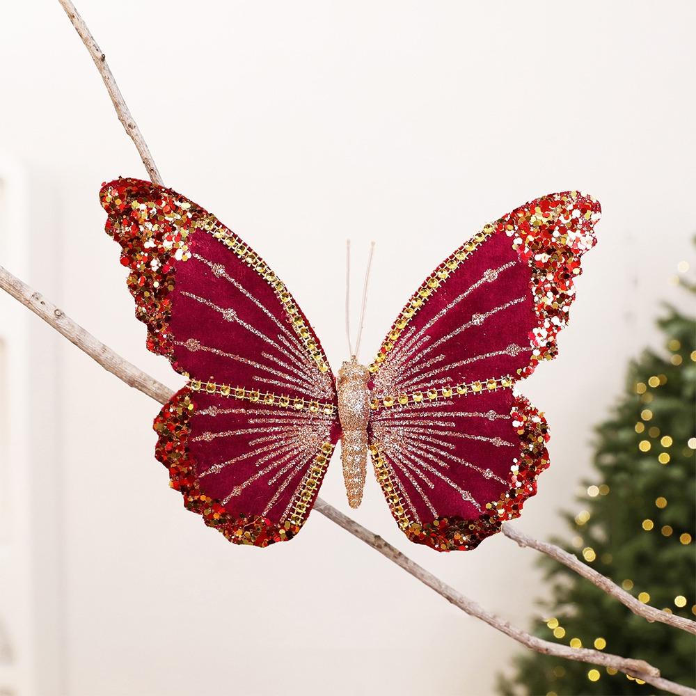 Clip-On Velvet Christmas Butterfly Ornament Artificial Butterfly Hanging Decor Wedding Decor