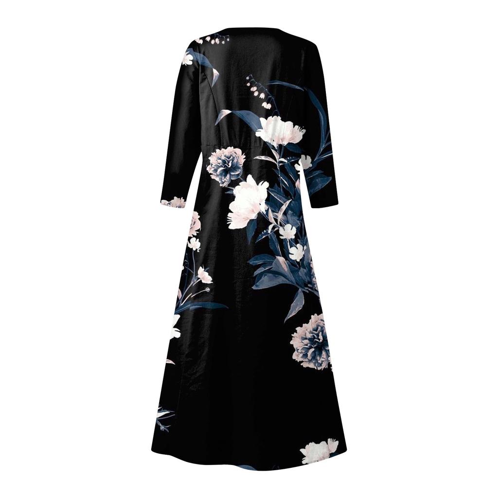 Dámské neformální pohodlné bavlněné kapsové šaty s tříčtvrtečním rukávem s květinovým potiskem