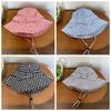 Korean Style Fine Plaid Fisherman Hat Bow Wide Brimmed Sunscreen Basin Cap with Windproof Rope Polyester Folding Sun Cap Daily