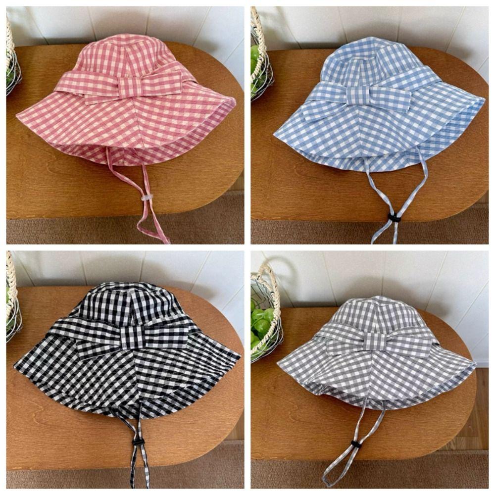 Korean Style Fine Plaid Fisherman Hat Bow Wide Brimmed Sunscreen Basin Cap with Windproof Rope Polyester Folding Sun Cap Daily