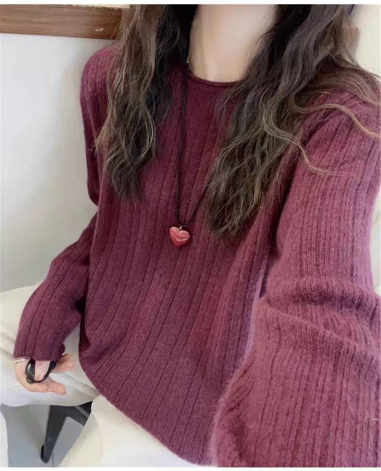 Autumn/Winter Women's Pure Wool Round Neck Ribbed Sweater - European Style, Versatile, Loose Fit Knitwear