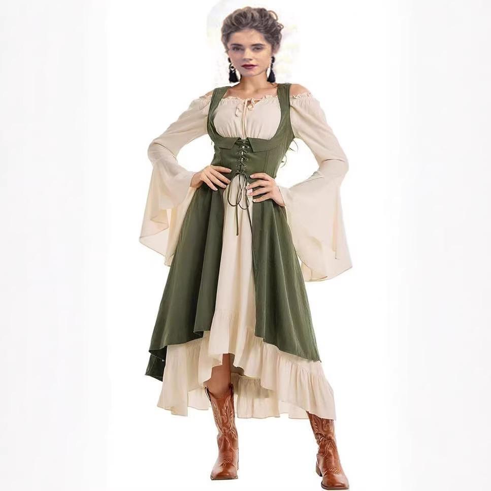 European Medieval Stage Gown With Spliced Polyester And Spandex Fabric For Theatrical Events