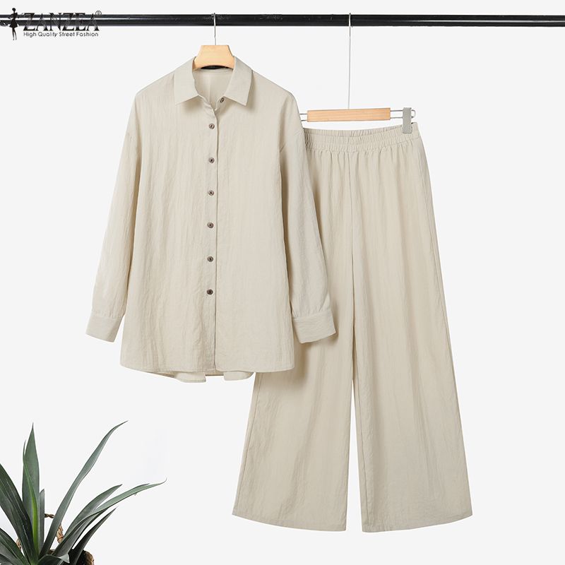 ZANZEA Women Long Sleeve Blouse and Pants Casual Two Piece Suit Sets