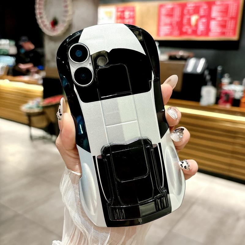 3D Car Shape Cool Glossy Phone Case For iPhone 16 Pro Max 15 Pro 14 13 12 11 Slim Hard PC Hybrid Silicone Soft Edge Shockproof Bracket Back Cover