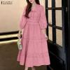 ZANZEA Women Casual V-Neck 3/4 Sleeve Loose Patchwork Embroidery Long Dress
