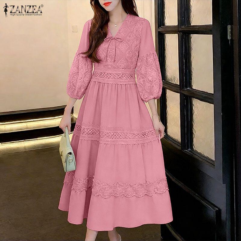 ZANZEA Women Casual V-Neck 3/4 Sleeve Loose Patchwork Embroidery Long Dress