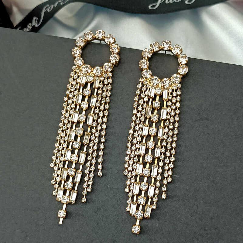 S925 Silver Geometric Rhinestone Tassel Earrings - Sparkling Diamond Round Long Design