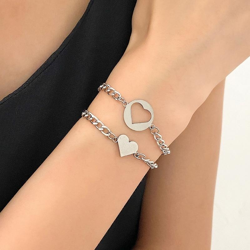 2Pcs/set Stainless Steel Simple Hollow Love Sun Moon Chain Bracelets Temperament Ins Chain Ladies Couple Card Bracelet