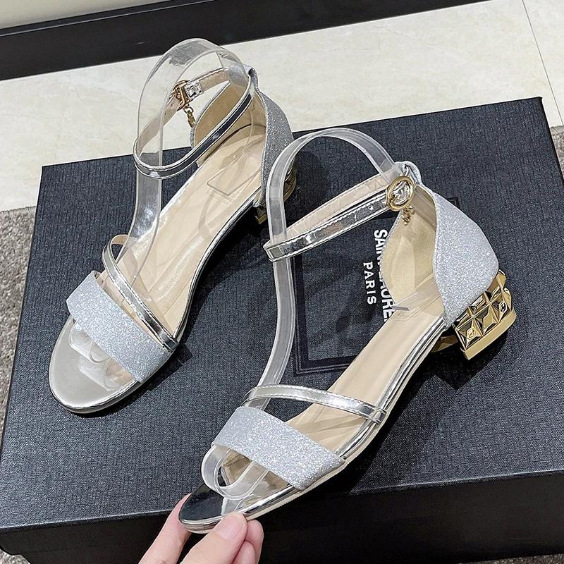 Fashion 2025Summer New  Sexy Word Buckle Sandals  Fairy Style Small Wild Low-Heeled Fashion  Female Gold Silver Sandals