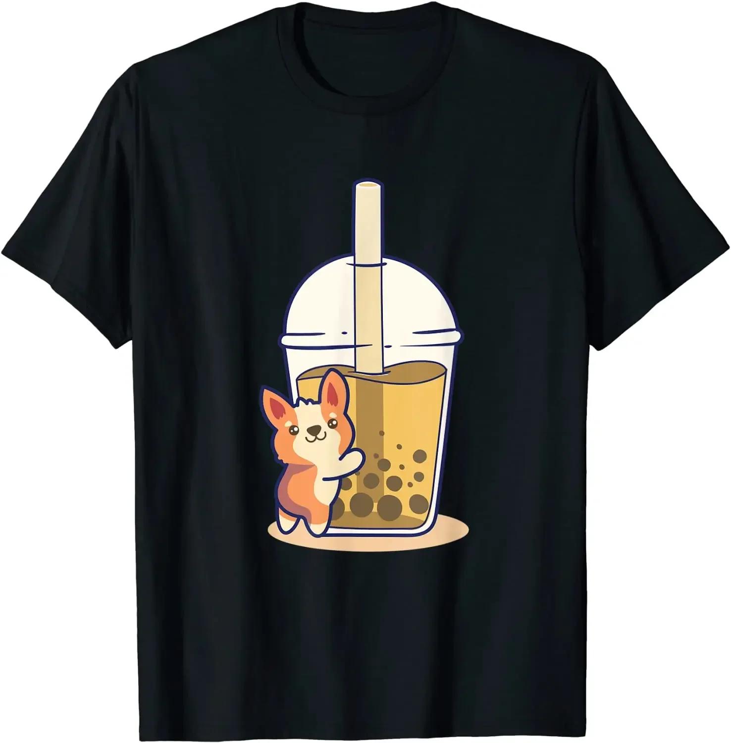 

Футболка с изображением милого корги-любителя Bubble Tea Bobas Kawaii Corgi, одежда в стиле аниме, рубашки из хлопка, повседневные, с изображением милых животных на четыре сезона 4XL